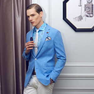 Custom Design Fashionable Summer Men Light Blue Single Breasted V-neck Blazer Suit