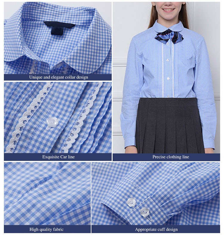 Custom Design Turn-down Collar Girls Lace Long Sleeve Plaid Shirt
