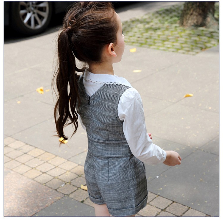 Custom Design Fashionable 2 Pieces Little Girls Long Sleeve Lace Shirt And Grey Plaid Rompers