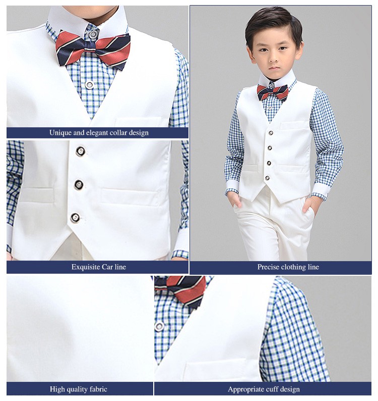 Custom Design 3 Pieces Fashionable White Single Breasted Boys Blazer Vest Suit with Bow Tie