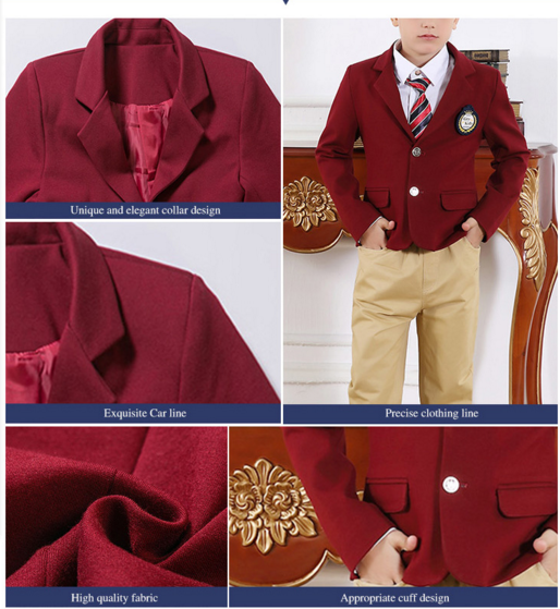 Kids School Uniform Manufacturer Fashion Custom Single Breasted Red Student Blazer Suit