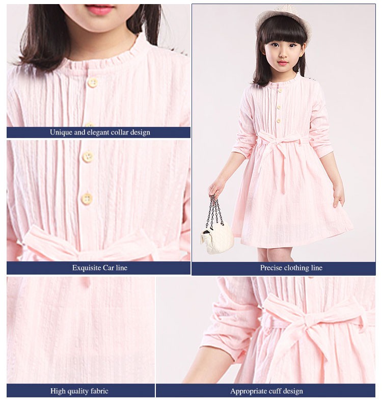 Custom Summer Children Comfortable Clothes Lace Neck Long Sleeve Solid Color Girls A-line Dresses Design 
