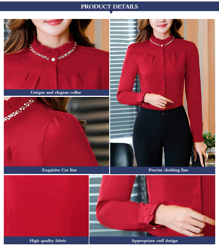 Custom Design Long Sleeve Stand Collar Single Breasted Beading Solid Color Lady Shirt
