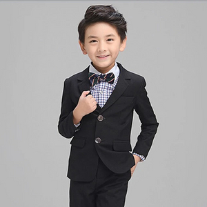Custom Design Formal Evening Meeting Black Little Boys Single Breasted Long Sleeve Blazer Suit with Bow Tie